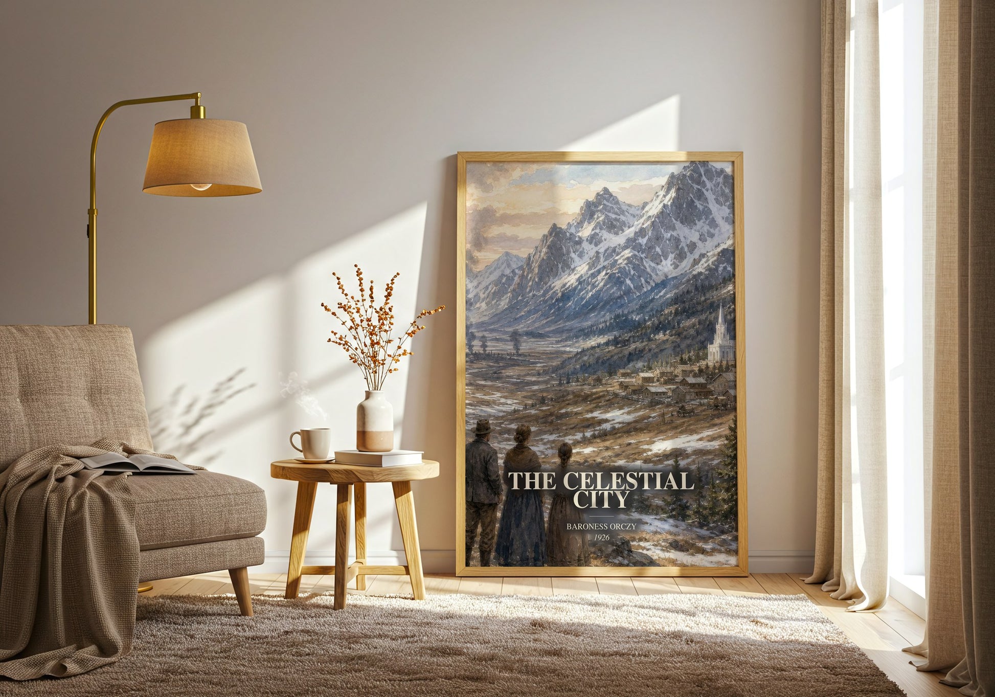 The Celestial City watercolour print in frame leaning in hallway – romance wall art