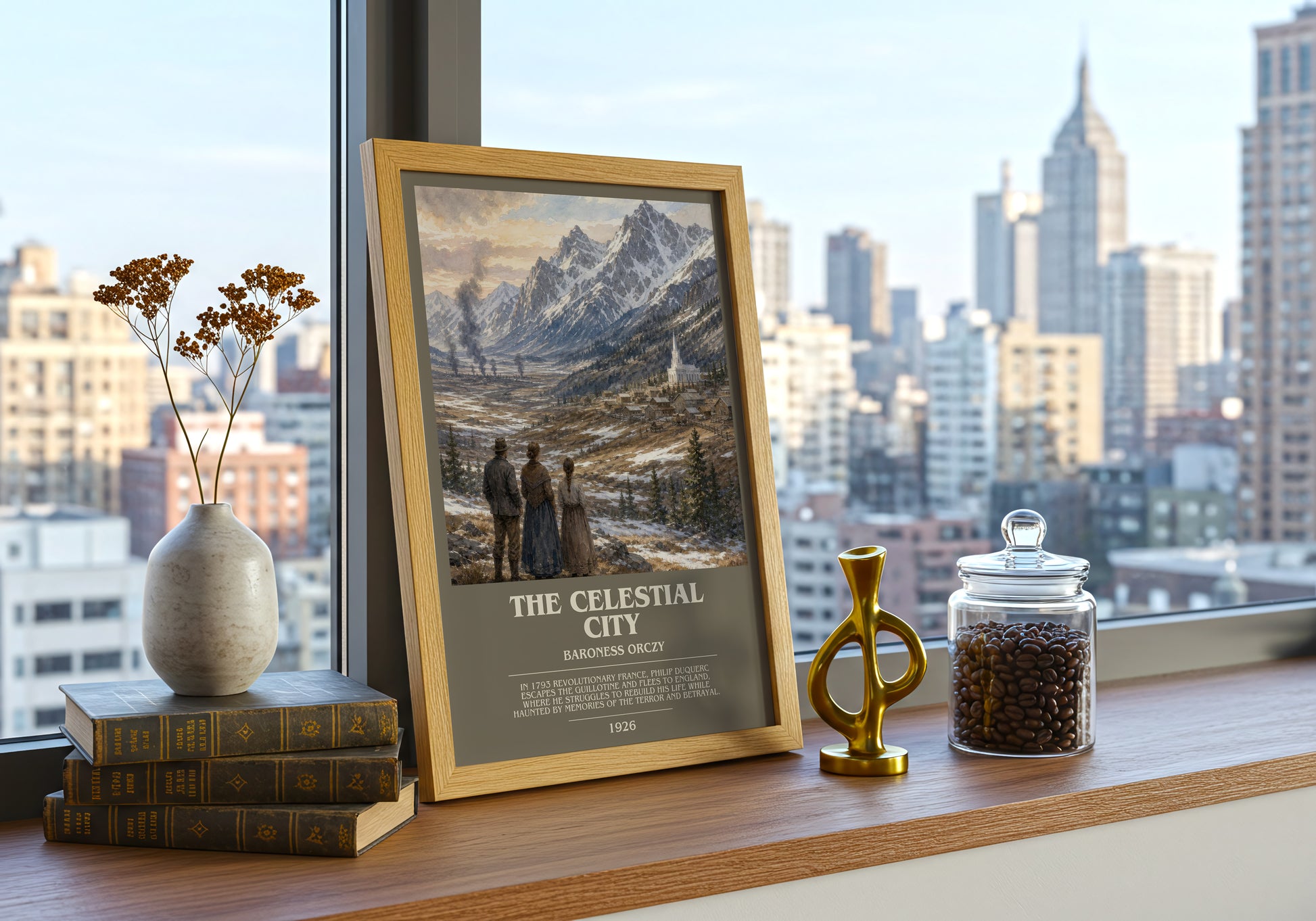 The Celestial City bookish print framed by window – literary home decor
