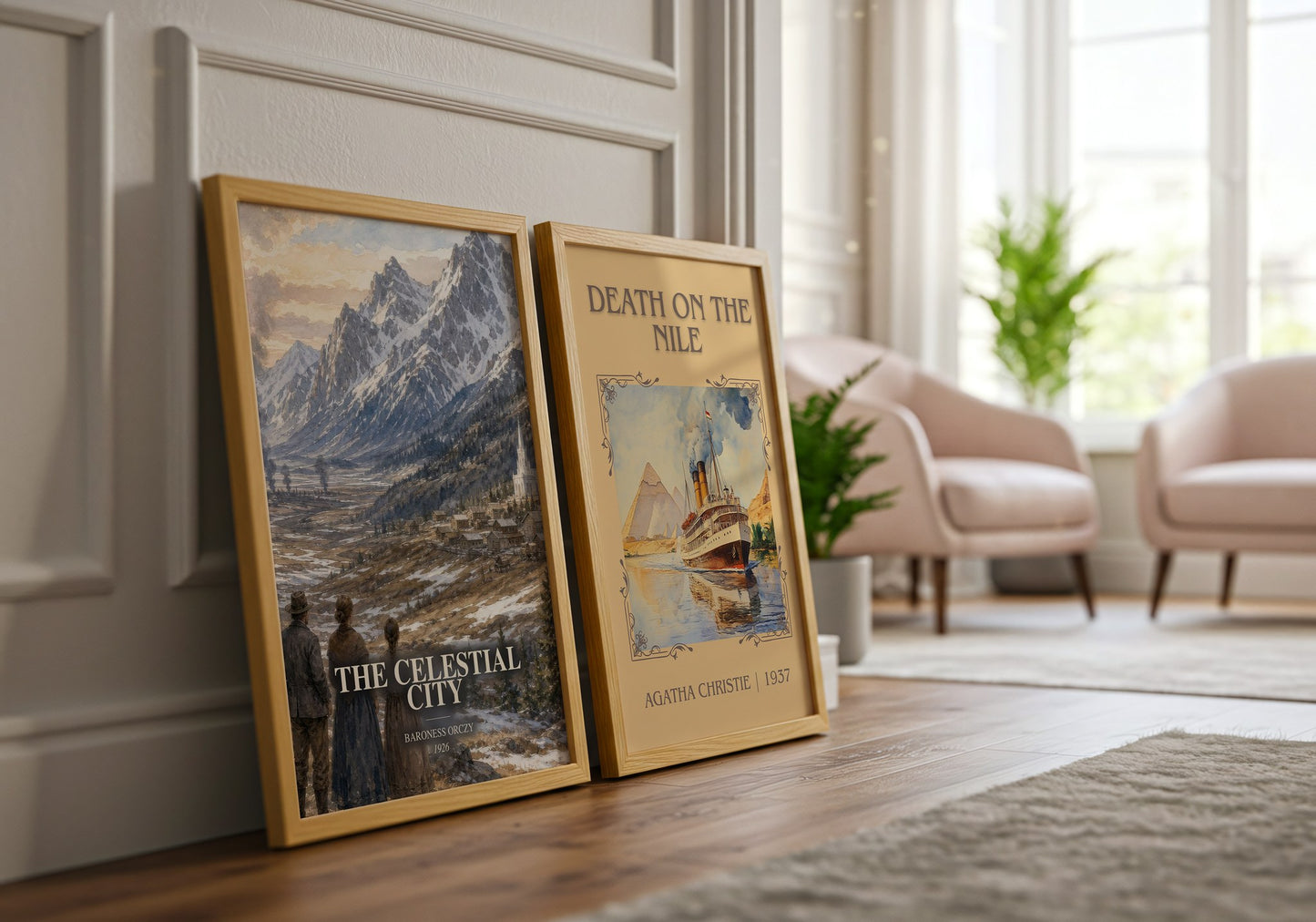 The Celestial City watercolour print framed by window – literary home decor