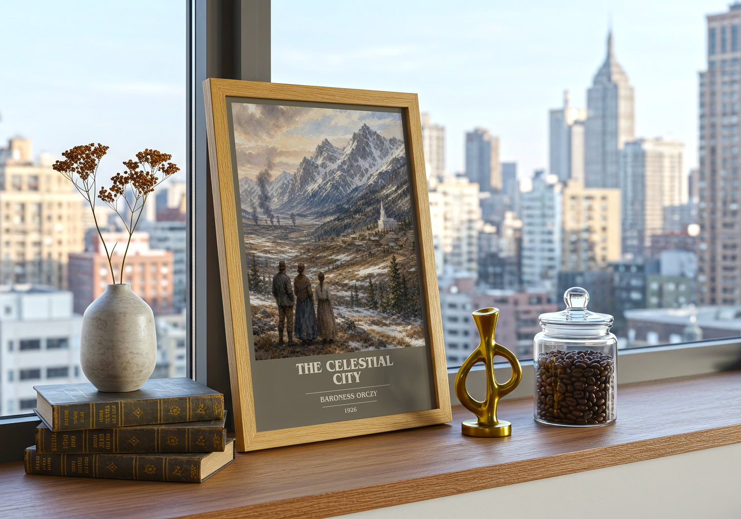 The Celestial City book cover print framed by window – literary home decor