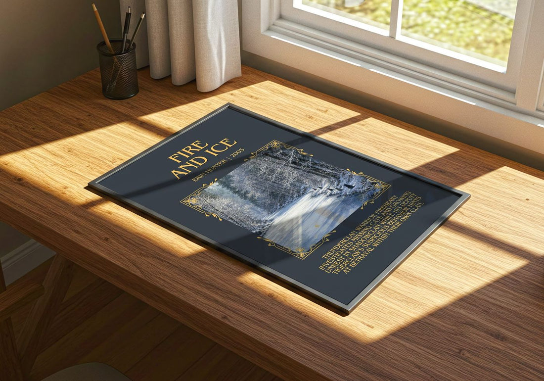 Fire and Ice Minimalist Book Poster by Erin Hunter – print on a sunlit desk