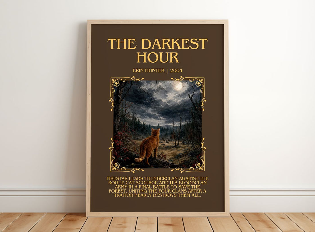 The Darkest Hour Minimalist Book Poster by Erin Hunter – framed print leaning on a wooden floor