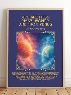 Men are From Mars, Women are From Venus Minimalist Book Poster – framed print leaning on a wooden floor