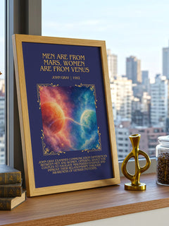 Men are From Mars, Women are From Venus Minimalist Book Poster – framed print on a city-view windowsill