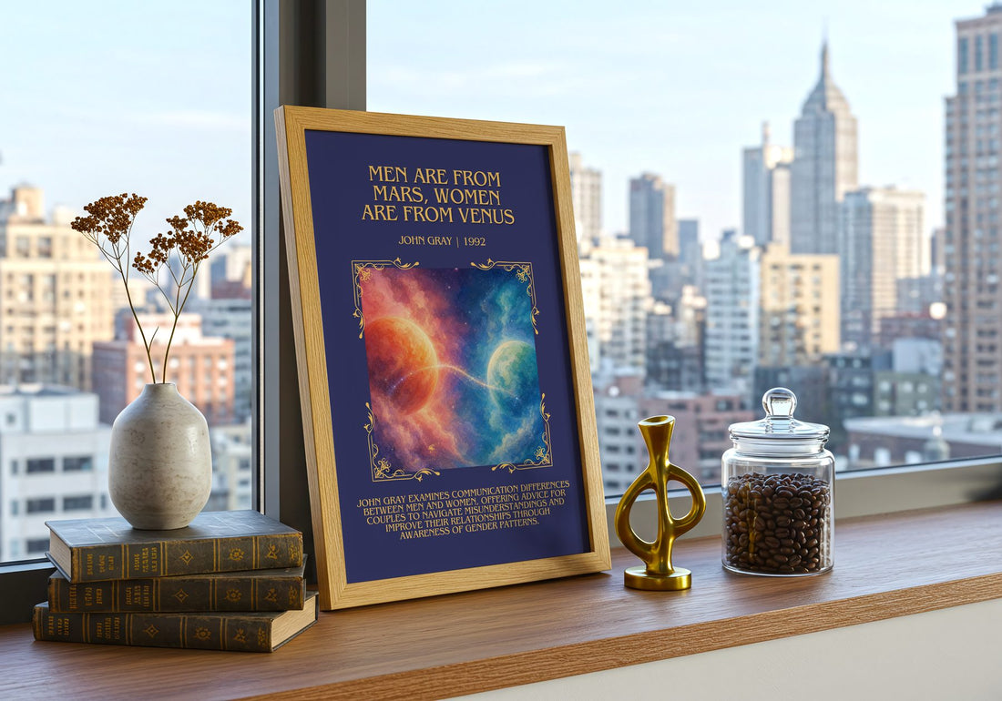 Men are From Mars, Women are From Venus Minimalist Book Poster – framed print on a city-view windowsill