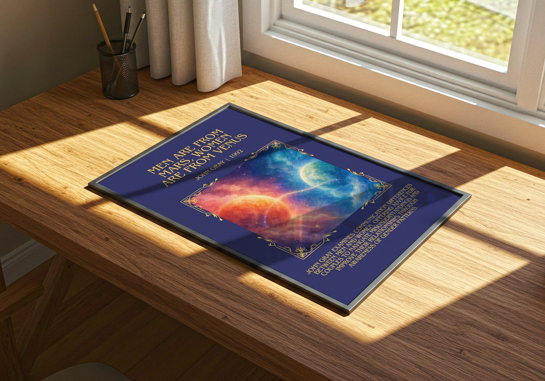 Men are From Mars, Women are From Venus Minimalist Book Poster – print on a sunlit desk
