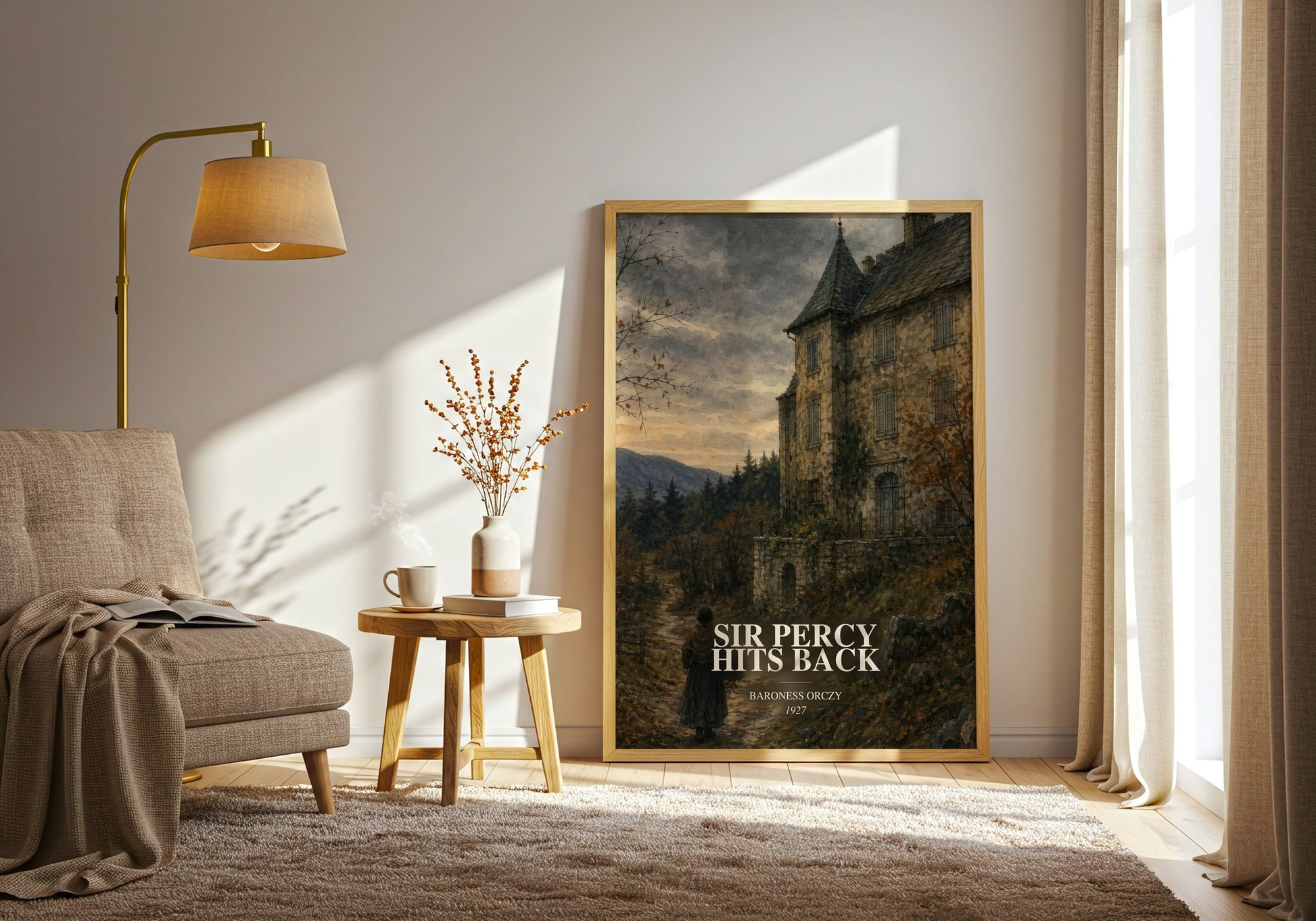 Sir Percy Hits Back watercolour print in frame leaning in hallway – historical fiction wall art