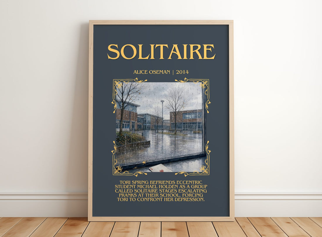 Solitaire Minimalist Book Poster by Alice Oseman – framed print leaning on a wooden floor