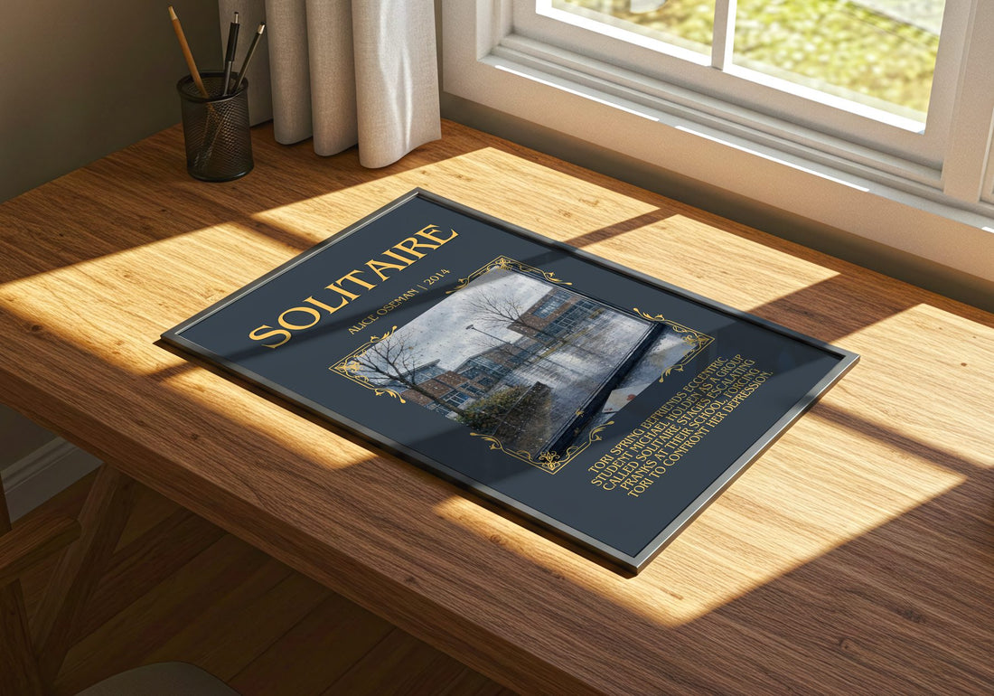 Solitaire Minimalist Book Poster by Alice Oseman – print on a sunlit desk