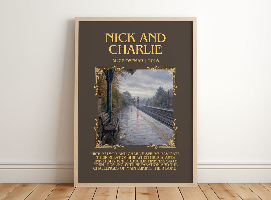 Nick and Charlie Minimalist Book Poster by Alice Oseman – framed print leaning on a wooden floor