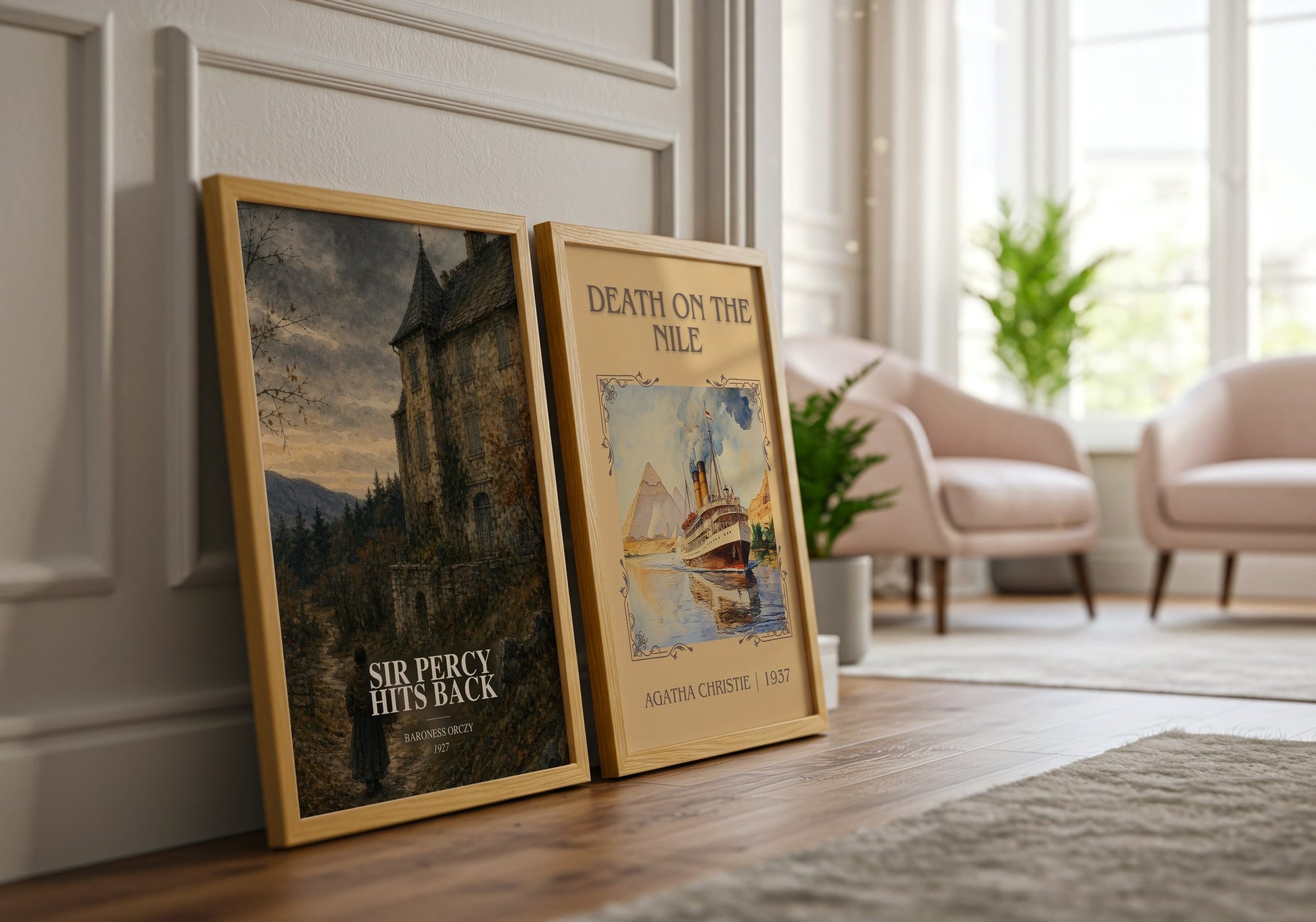 Sir Percy Hits Back watercolour print framed by window – literary home decor