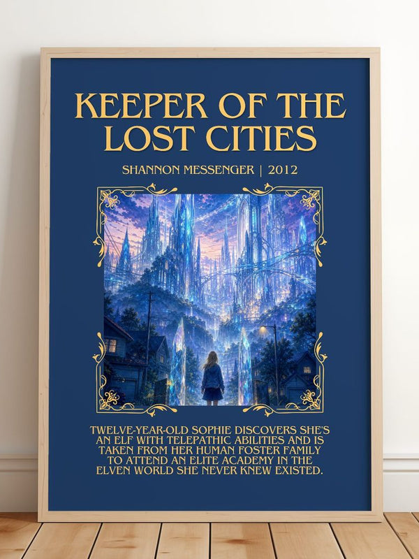 Keeper of the Lost Cities Minimalist Book Poster by Shannon Messenger – framed print leaning on a wooden floor