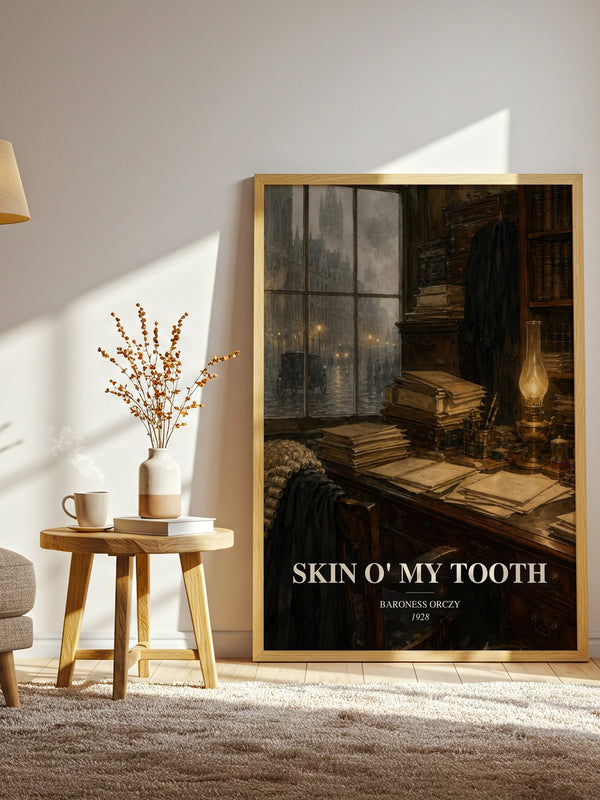 Skin O' My Tooth watercolour print in frame leaning in hallway – mystery wall art