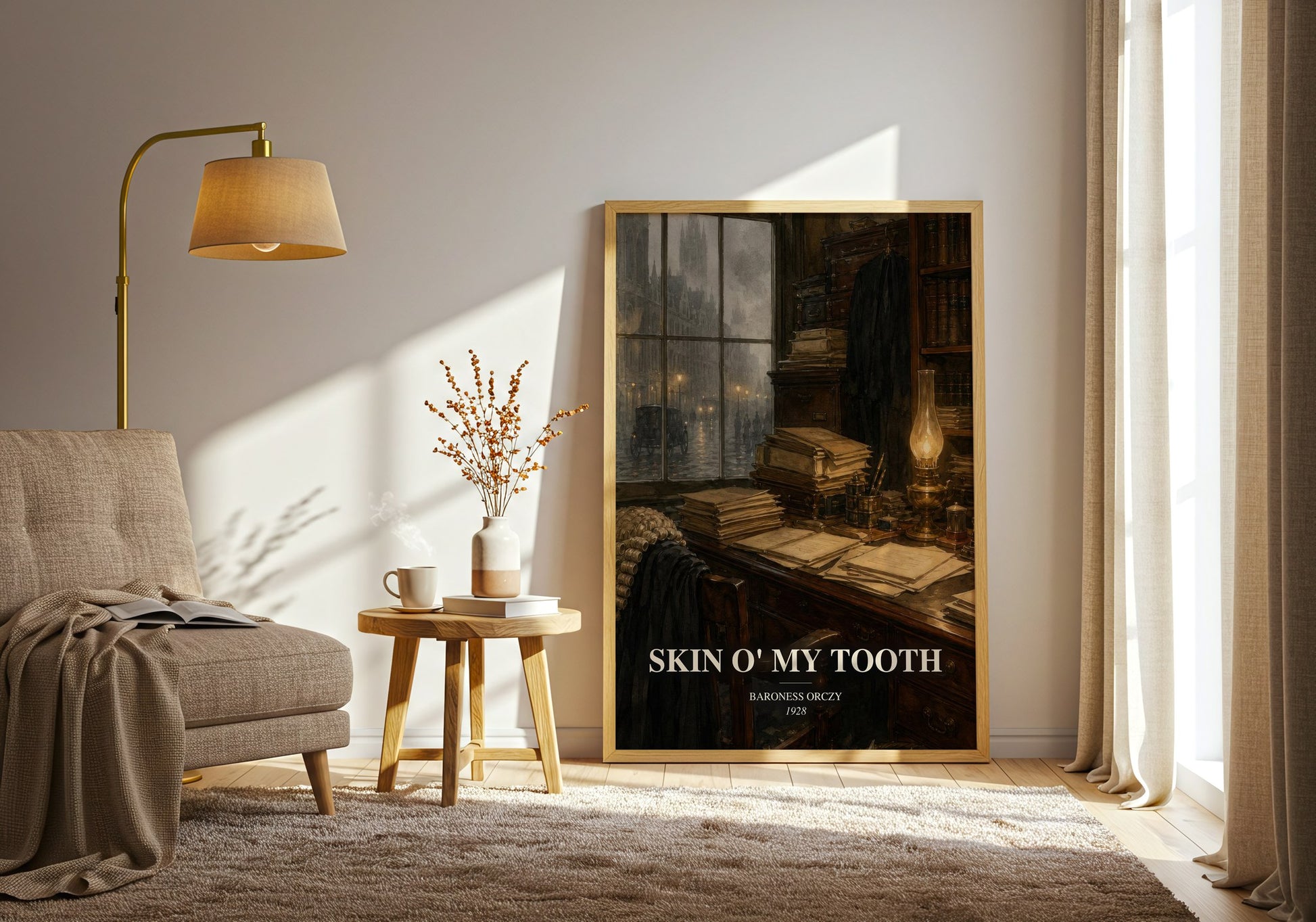 Skin O' My Tooth watercolour print in frame leaning in hallway – mystery wall art