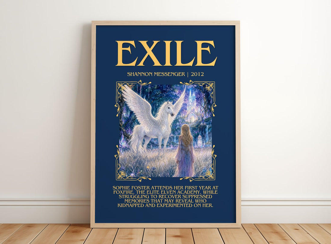 Exile Minimalist Book Poster by Shannon Messenger – framed print leaning on a wooden floor