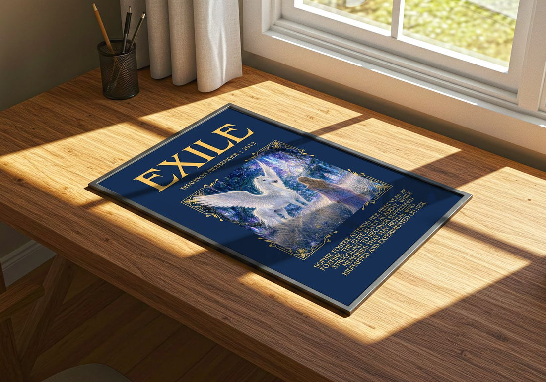 Exile Minimalist Book Poster by Shannon Messenger – print on a sunlit desk