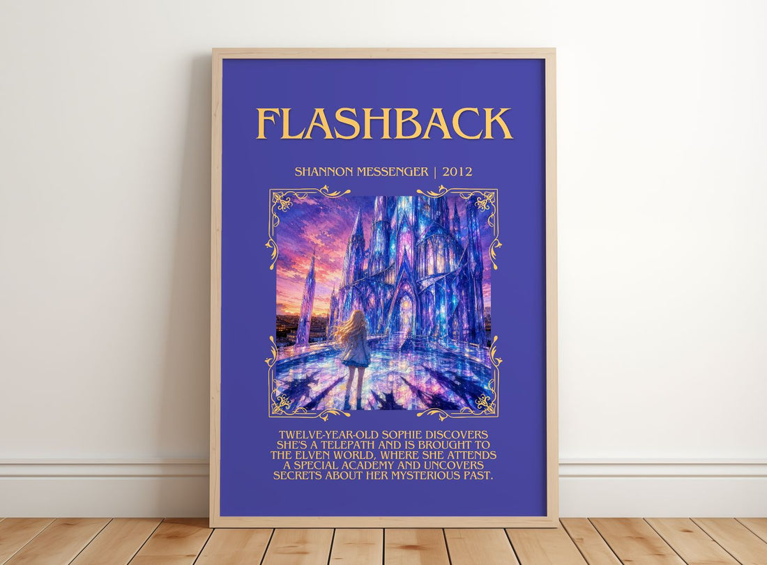 Flashback Minimalist Book Poster by Shannon Messenger – framed print leaning on a wooden floor