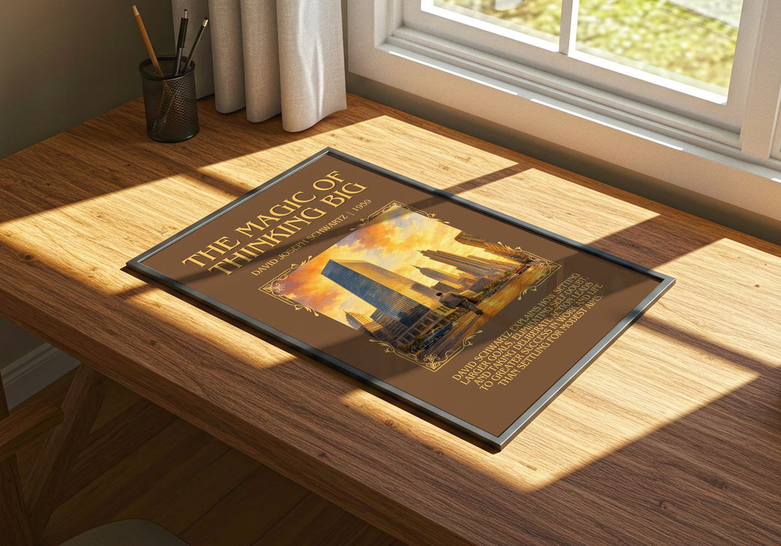 Magic of Thinking Big Minimalist Book Poster by David Joseph Schwartz – print on a sunlit desk