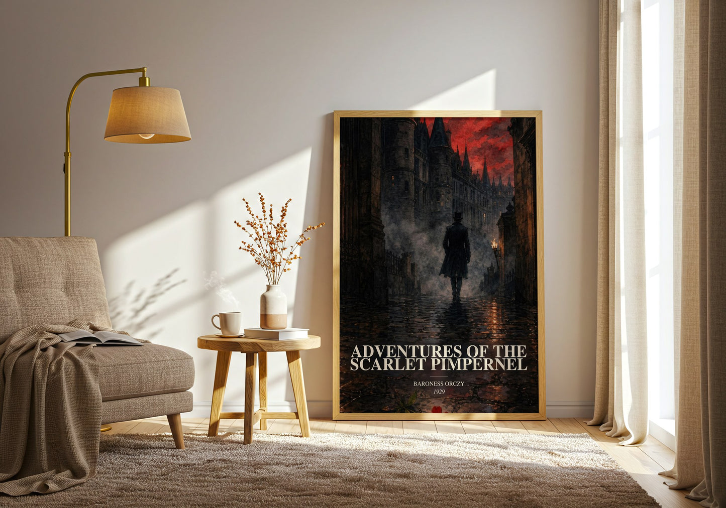 Adventures Of The Scarlet Pimpernel watercolour print in frame leaning in hallway – adventure wall art