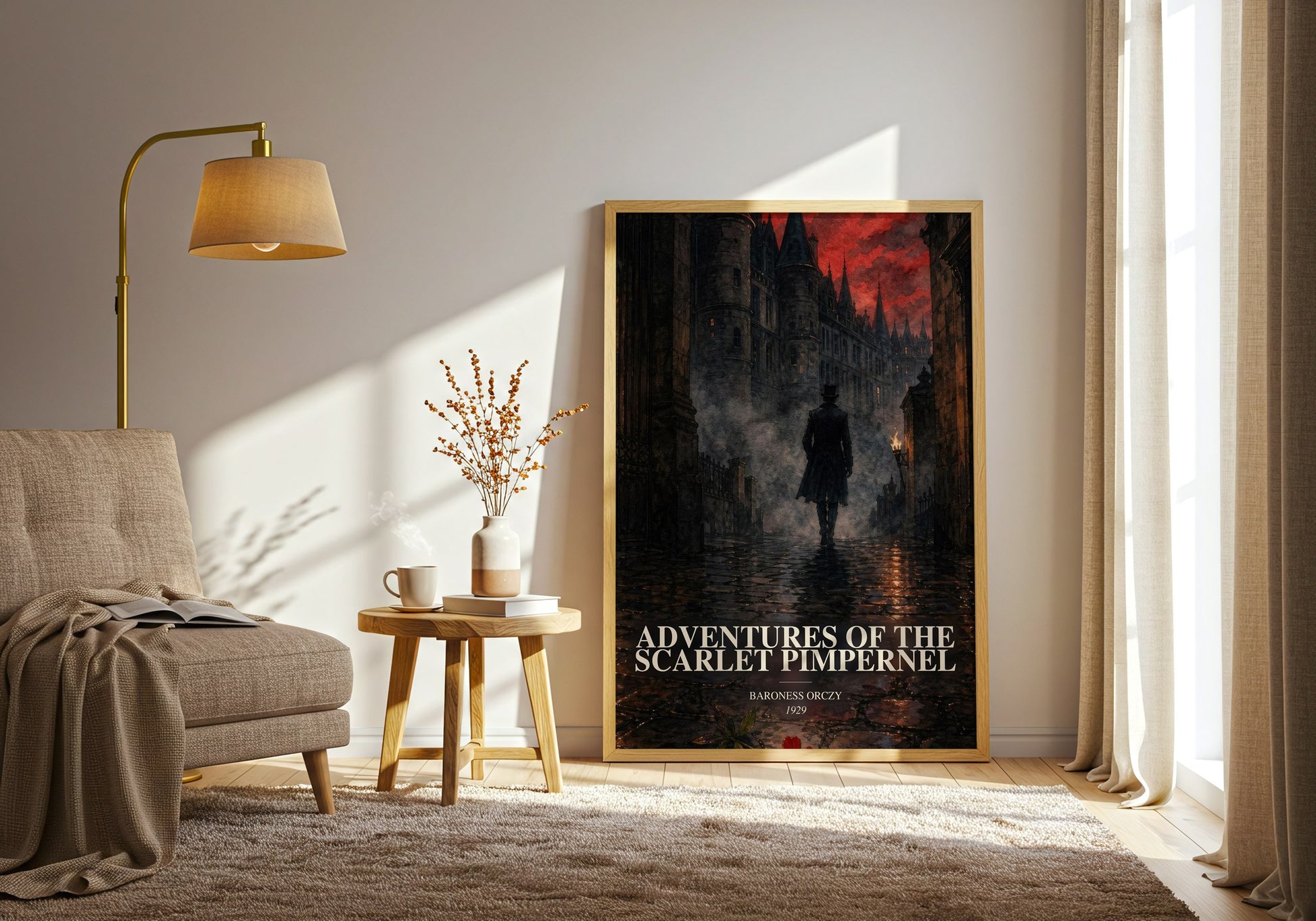 Adventures Of The Scarlet Pimpernel watercolour print in frame leaning in hallway – adventure wall art