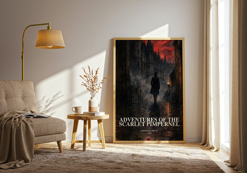 Adventures Of The Scarlet Pimpernel watercolour print in frame leaning in hallway – adventure wall art