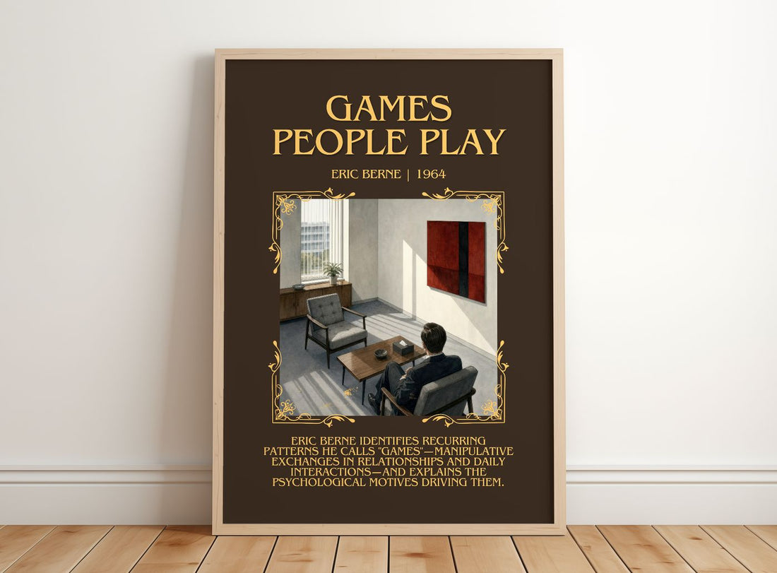 Games People Play Minimalist Book Poster by Eric Berne – framed print leaning on a wooden floor
