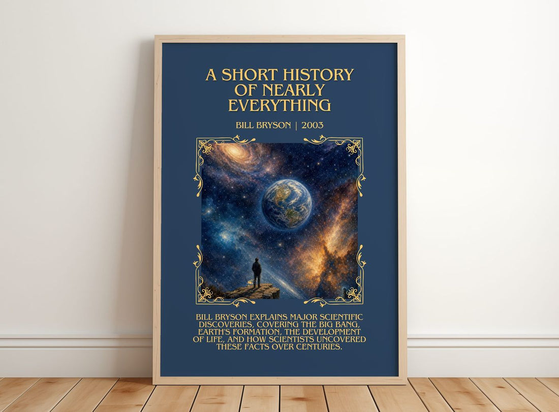 short history of nearly everything Minimalist Book Poster by B. Bryson – framed print leaning on a wooden floor