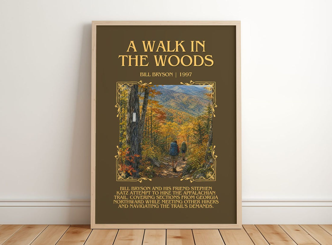 A Walk in the Woods Minimalist Book Poster by Bill Bryson – framed print leaning on a wooden floor