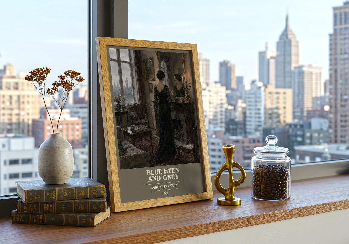 Blue Eyes And Grey book cover print framed by window – literary home decor