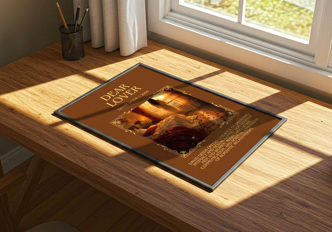Dear Lover Minimalist Book Poster by David Deida – print on a sunlit desk