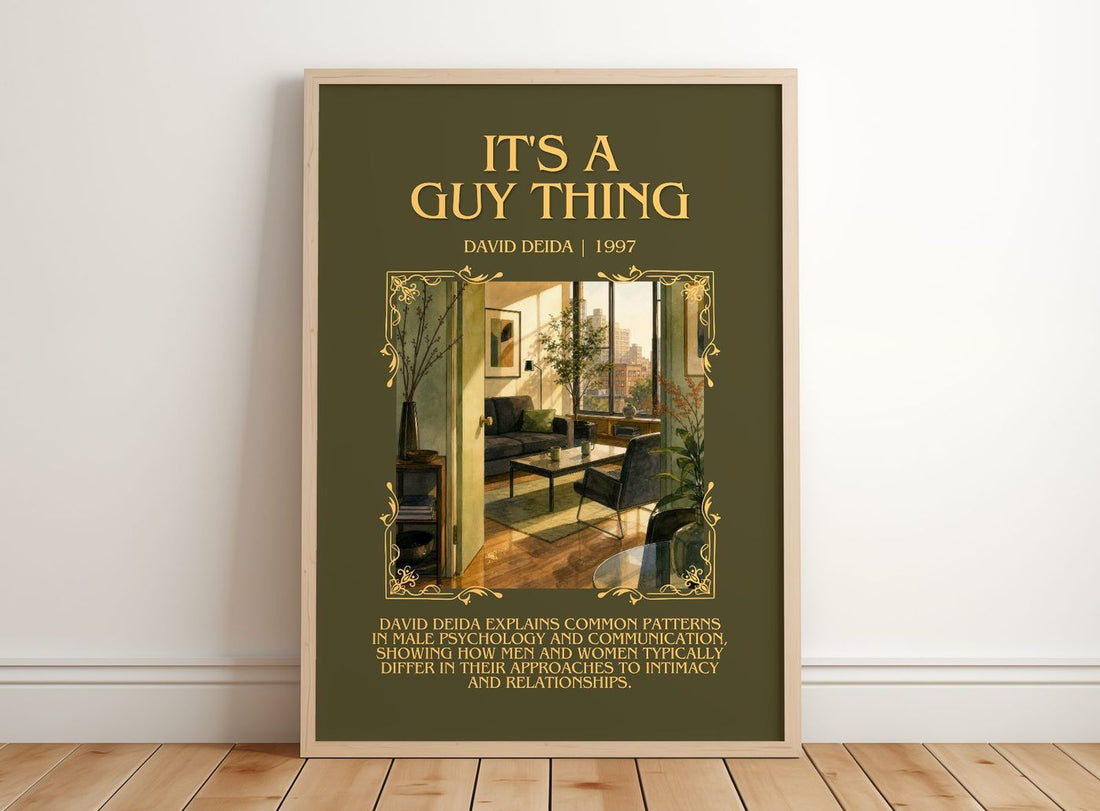 It's a guy thing Minimalist Book Poster by David Deida – framed print leaning on a wooden floor