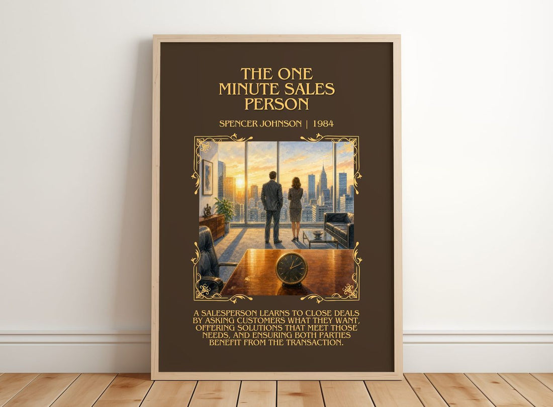 The one minute sales person Minimalist Book Poster by Spencer Johnson – framed print leaning on a wooden floor