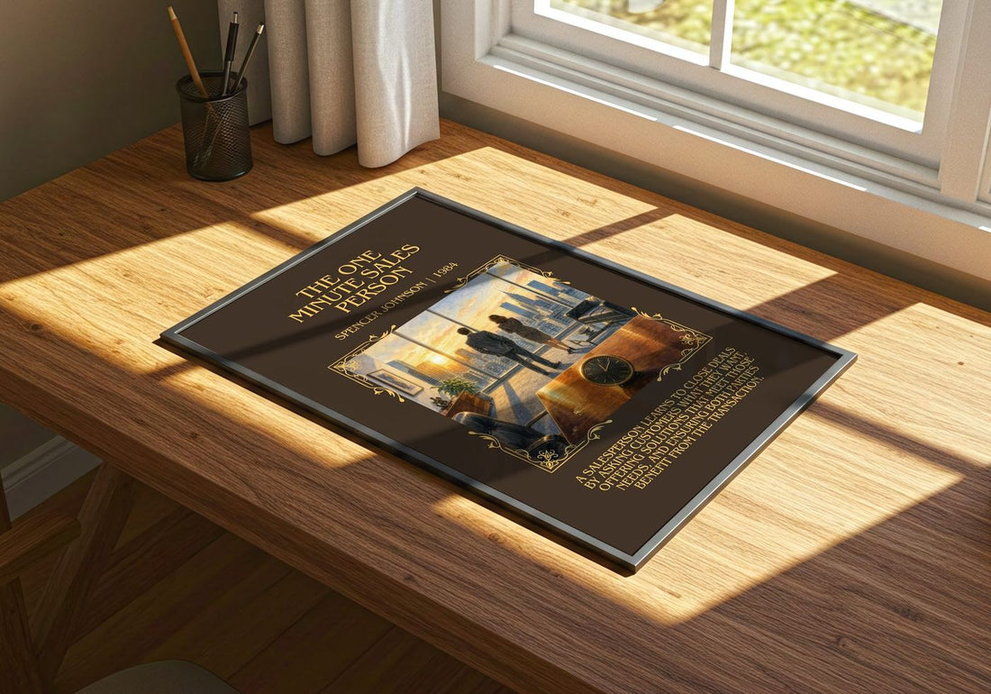 The one minute sales person Minimalist Book Poster by Spencer Johnson – print on a sunlit desk