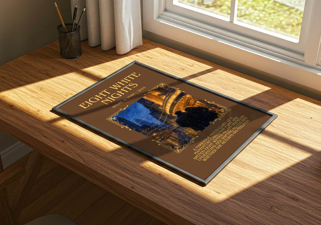 Eight white nights Minimalist Book Poster by André Aciman – print on a sunlit desk