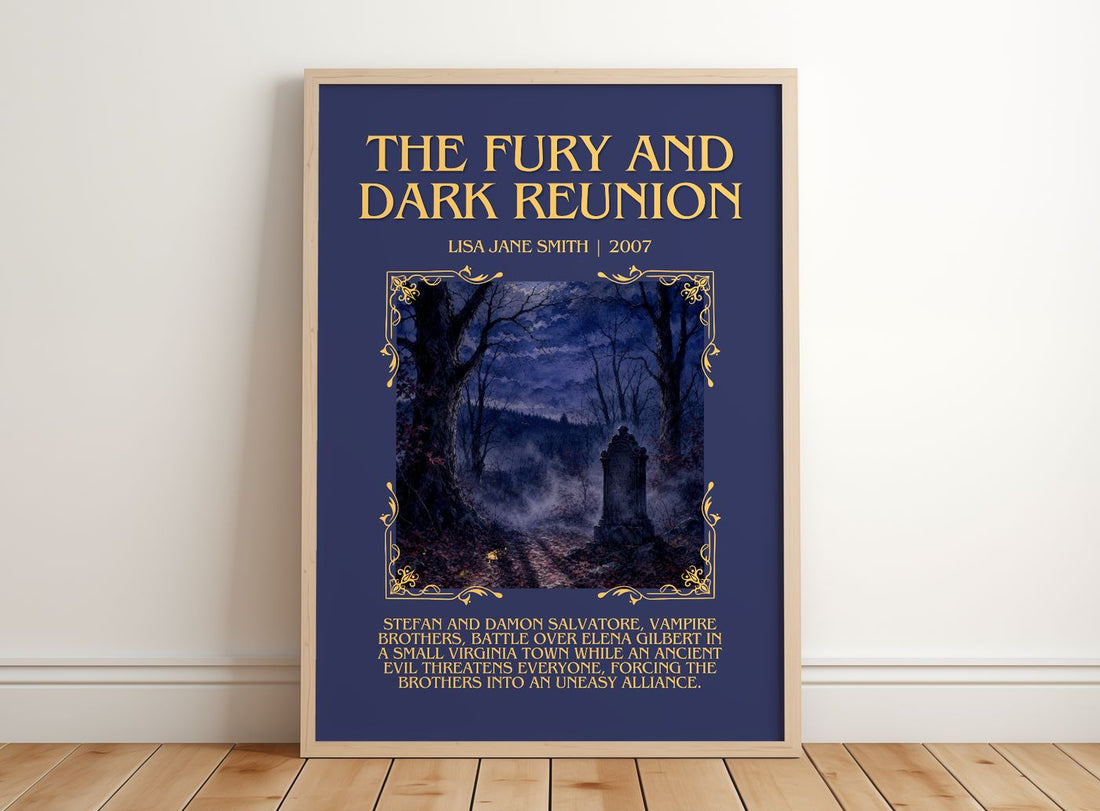 The Fury and Dark Reunion Minimalist Book Poster by Lisa Jane Smith – framed print leaning on a wooden floor