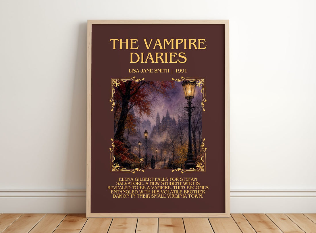The Vampire Diaries Minimalist Book Poster by Lisa Jane Smith – framed print leaning on a wooden floor