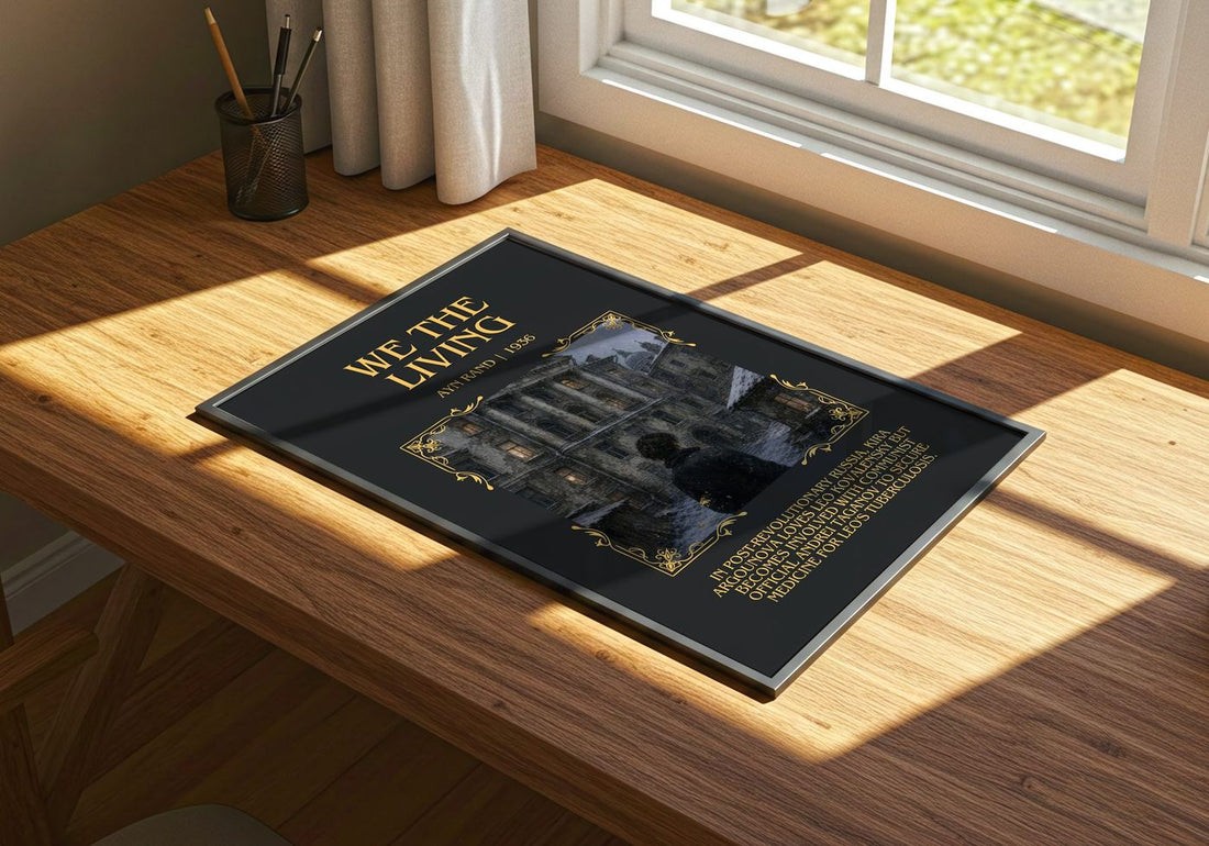 We the living Minimalist Book Poster by Ayn Rand – print on a sunlit desk