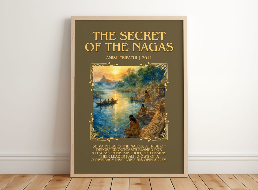 The Secret of the Nagas Minimalist Book Poster by Amish Tripathi – framed print leaning on a wooden floor