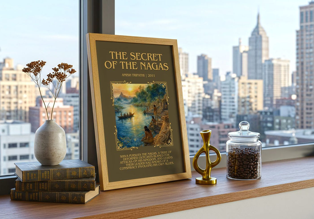 The Secret of the Nagas Minimalist Book Poster by Amish Tripathi – framed print on a city-view windowsill
