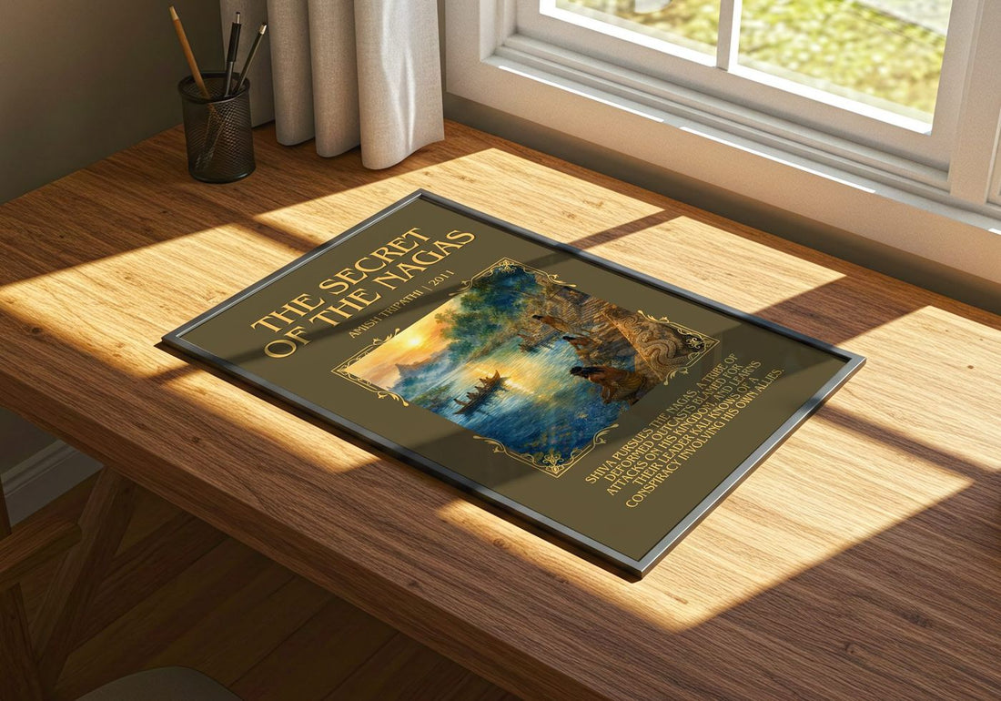 The Secret of the Nagas Minimalist Book Poster by Amish Tripathi – print on a sunlit desk