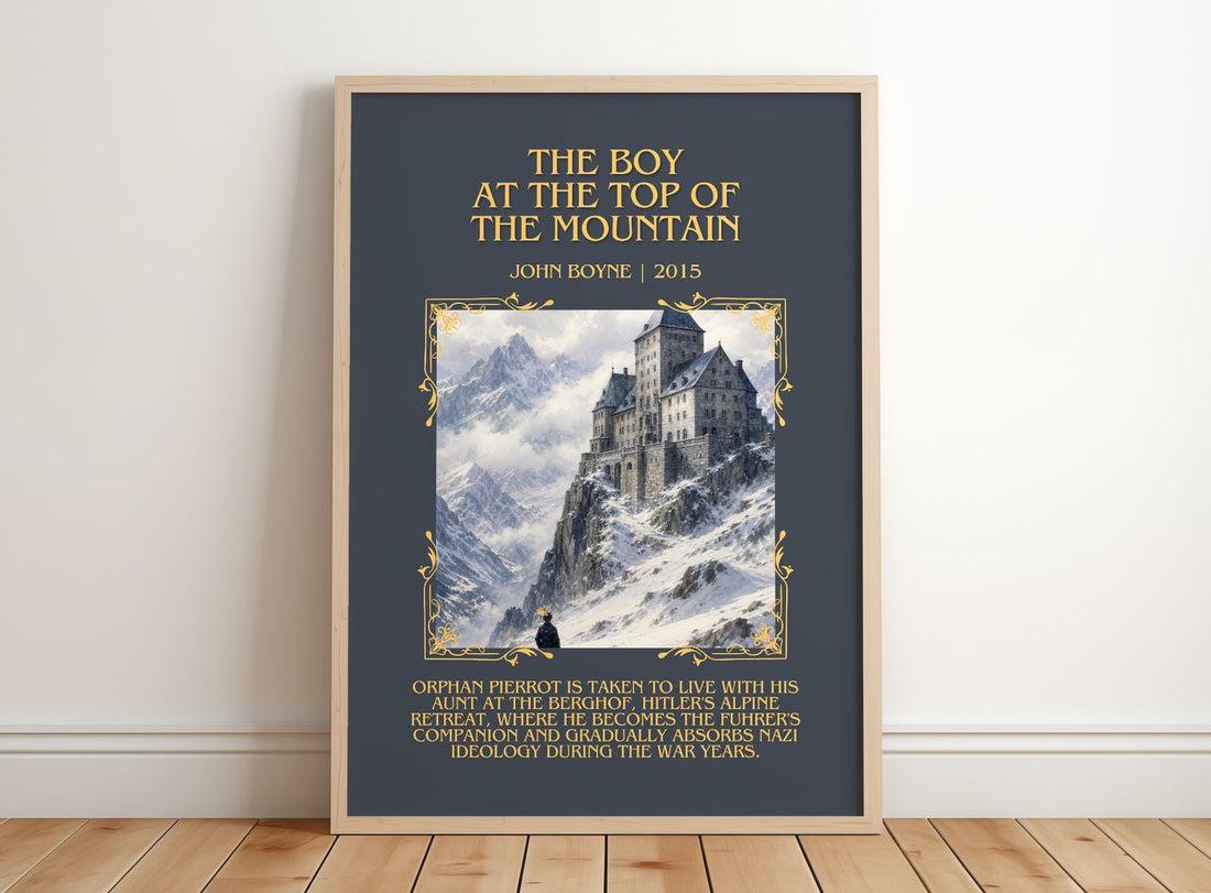Boy at the Top of the Mountain Minimalist Book Poster by John Boyne – framed print leaning on a wooden floor