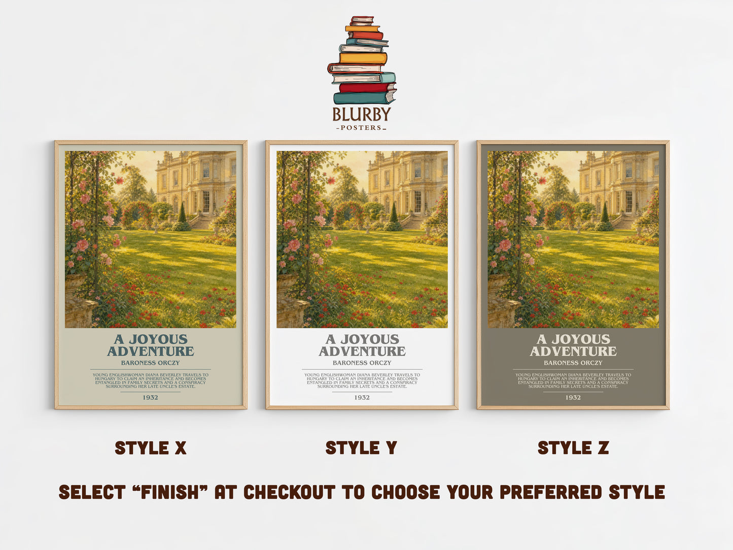A Joyous Adventure bookish print in frame leaning in hallway – historical fiction wall art