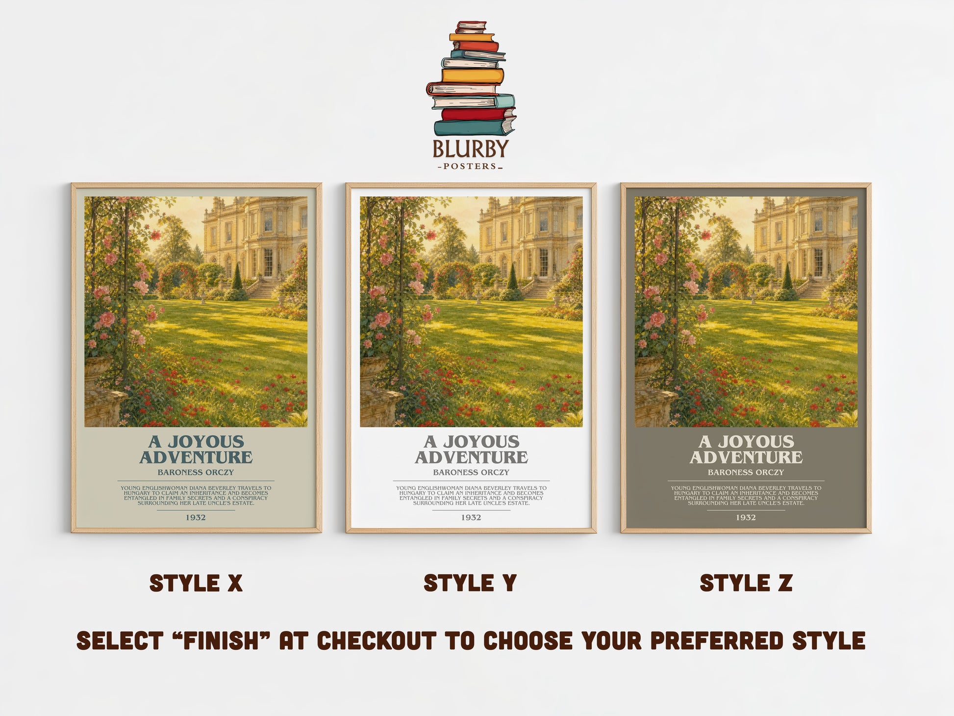 A Joyous Adventure bookish print in frame leaning in hallway – historical fiction wall art