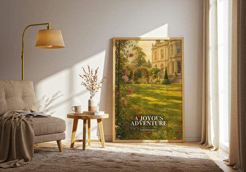 A Joyous Adventure watercolour print in frame leaning in hallway – historical fiction wall art