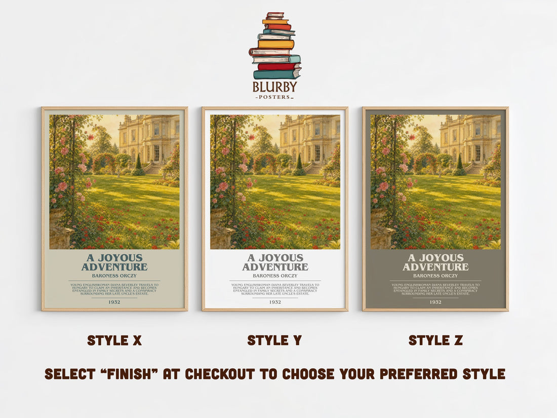 A Joyous Adventure bookish print in frame leaning in hallway – historical fiction wall art (mockup)