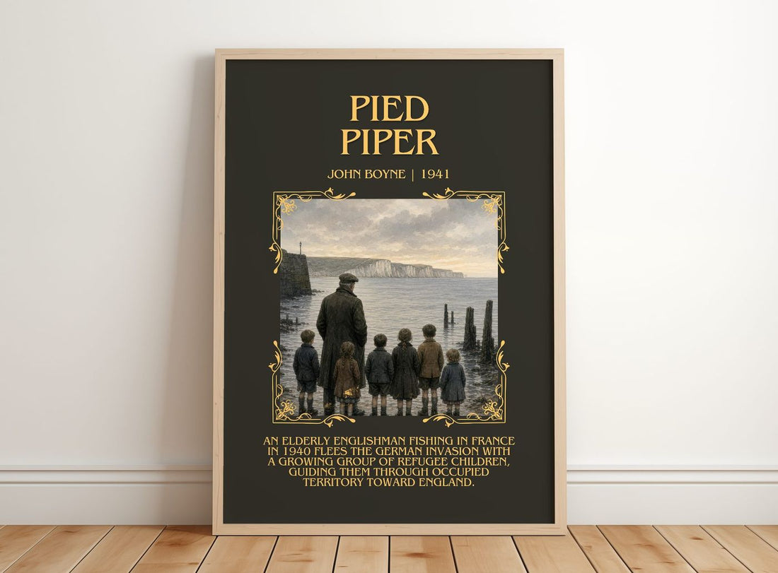 Pied Piper Minimalist Book Poster by John Boyne – framed print leaning on a wooden floor