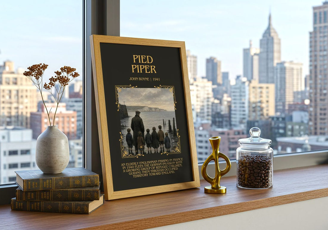 Pied Piper Minimalist Book Poster by John Boyne – framed print on a city-view windowsill