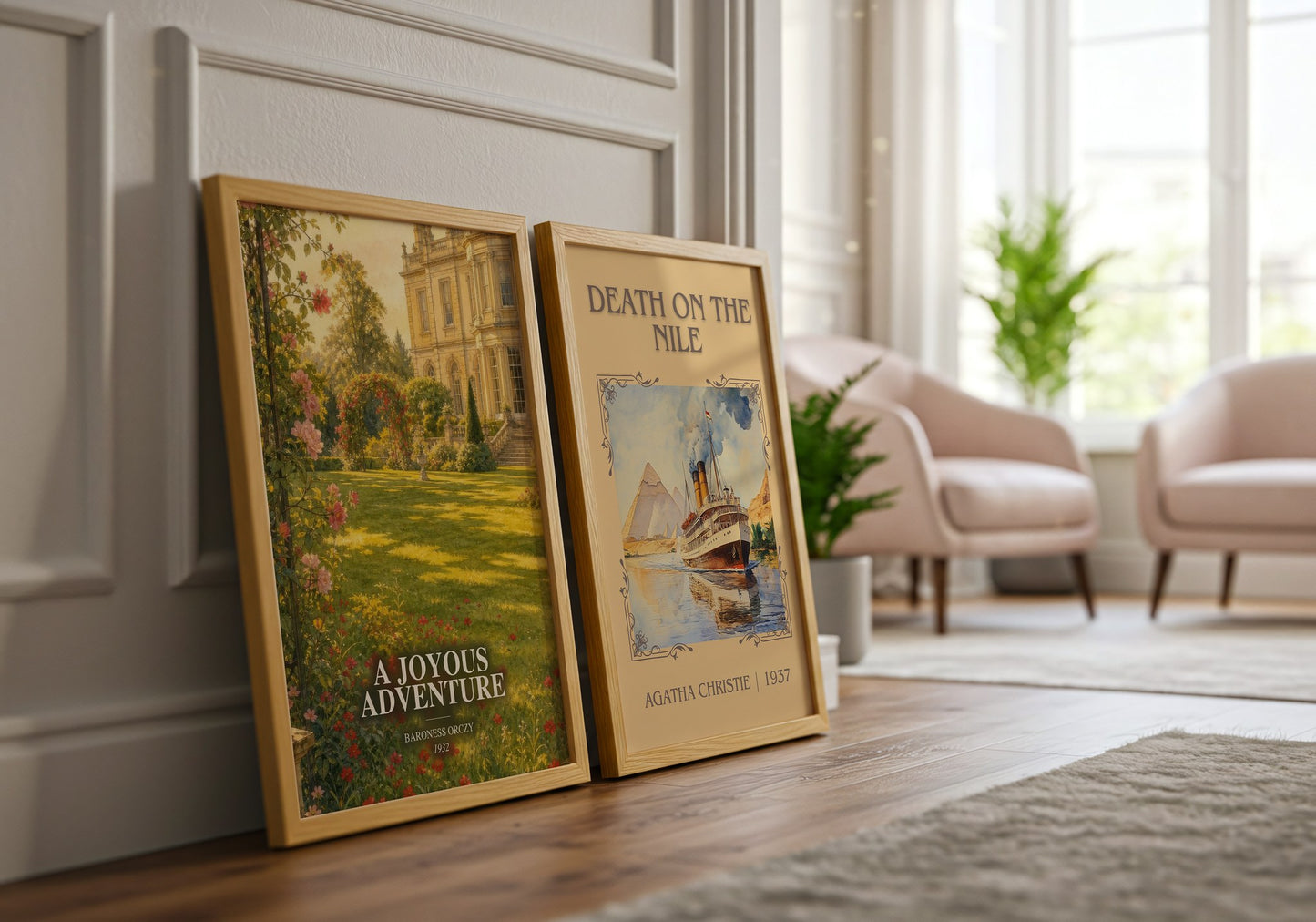 A Joyous Adventure watercolour print framed by window – literary home decor