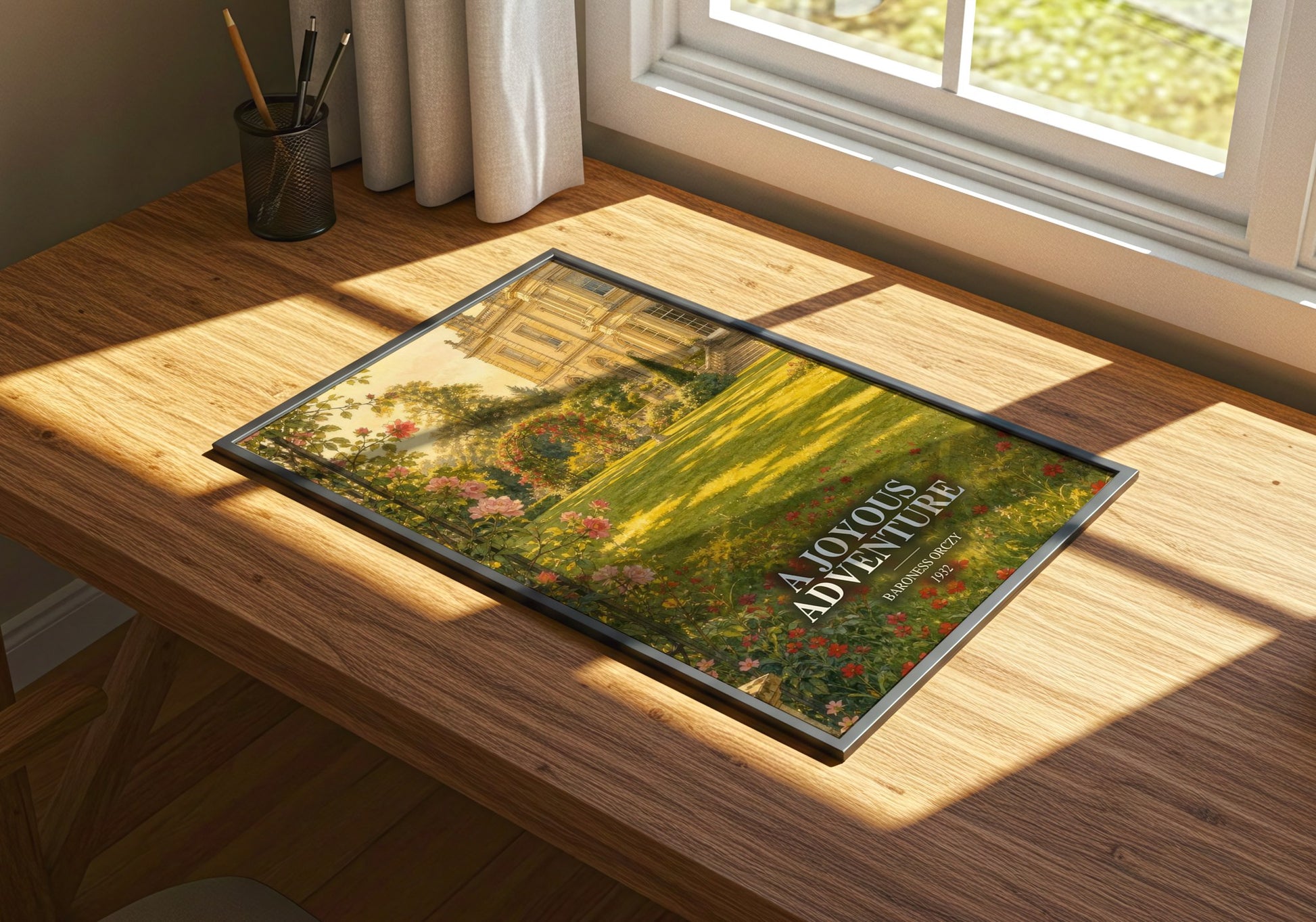 A Joyous Adventure watercolour book poster framed on wall – historical fiction wall art