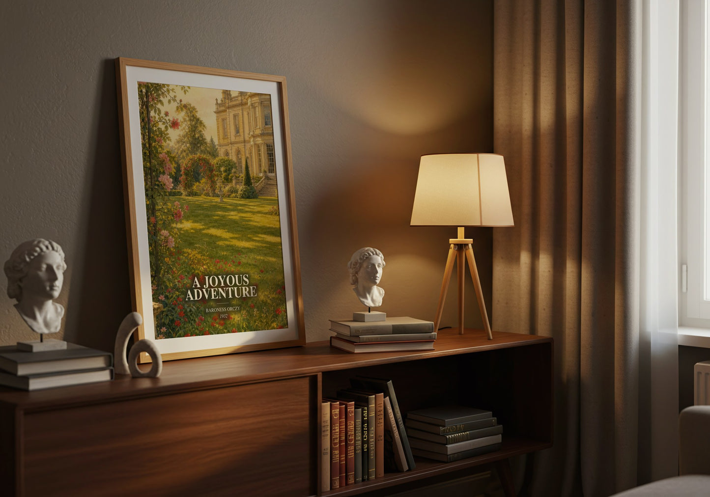 A Joyous Adventure watercolour print on bookshelf – Baroness Orczy fan gift